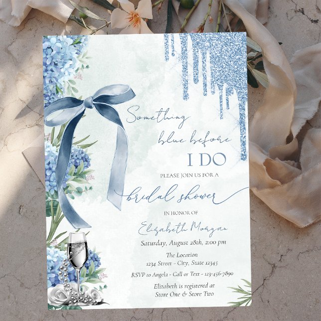  Something Blue Bow Glitter Drips Pearls Hydrangea Invitation (Creator Uploaded)