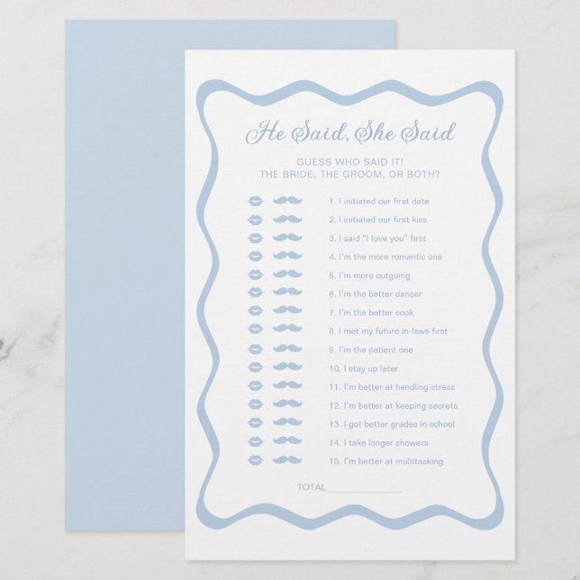 Something Blue Bridal Shower He Said She Said Game (Front/Back)