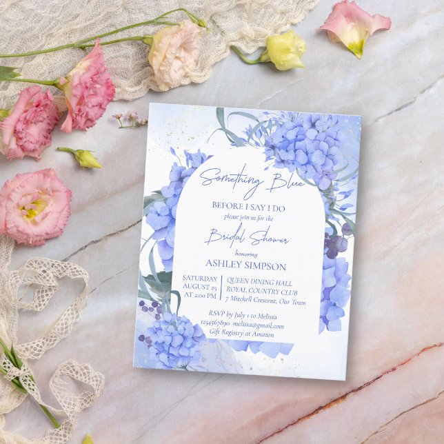 Something blue elegant bridal shower budget invite (Something blue bridal shower blue hydrangeas budget affordable bridal shower invitation template)