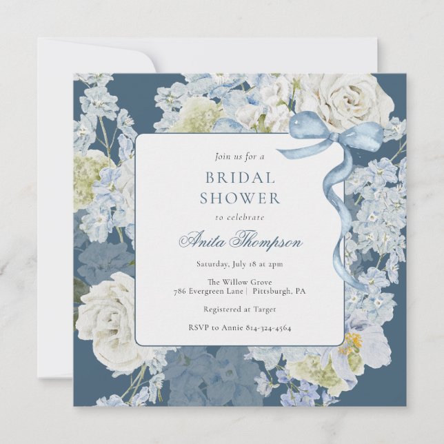 Something Blue Floral Bow Bridal Shower Invitation (Front)