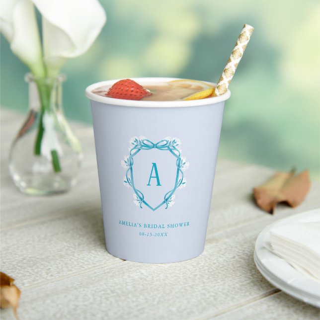 Something Blue Floral Crest Monogram Bridal Shower Paper Cups (Insitu)
