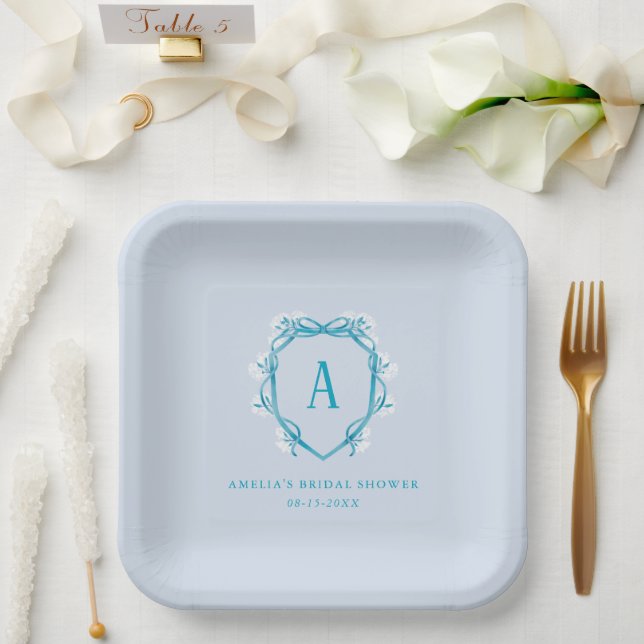 Something Blue Floral Crest Monogram Bridal Shower Paper Plate (Wedding)