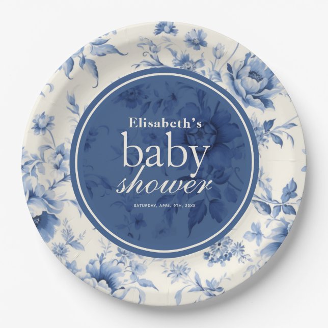 Something Blue Floral French Toile Baby Shower Paper Plate (Front)