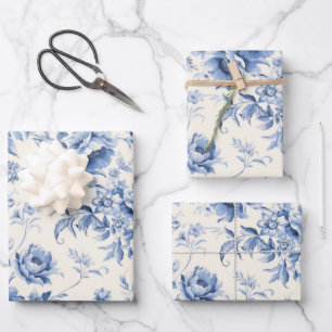 Something Blue Floral French Toile Chinoiserie Wrapping Paper Sheet