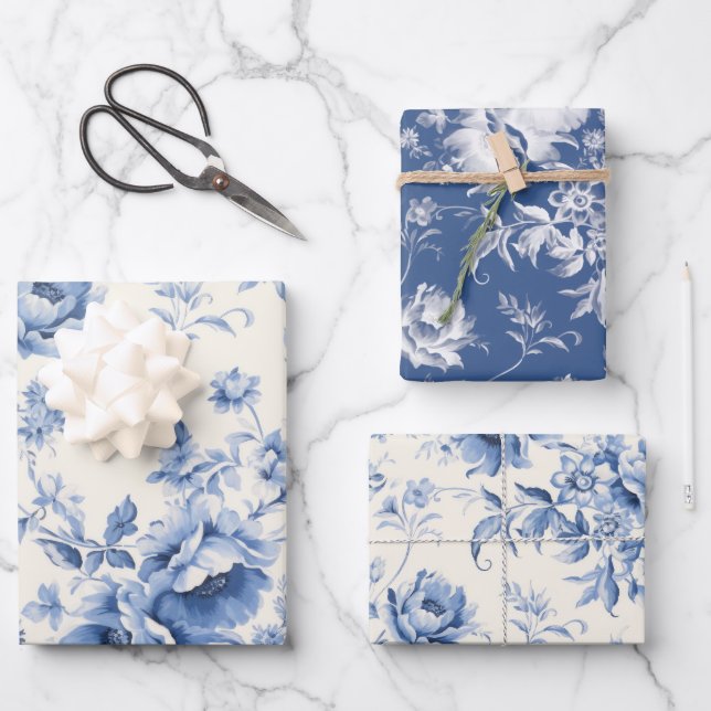 Something Blue Floral French Toile Chinoiserie Wrapping Paper Sheet (Front)