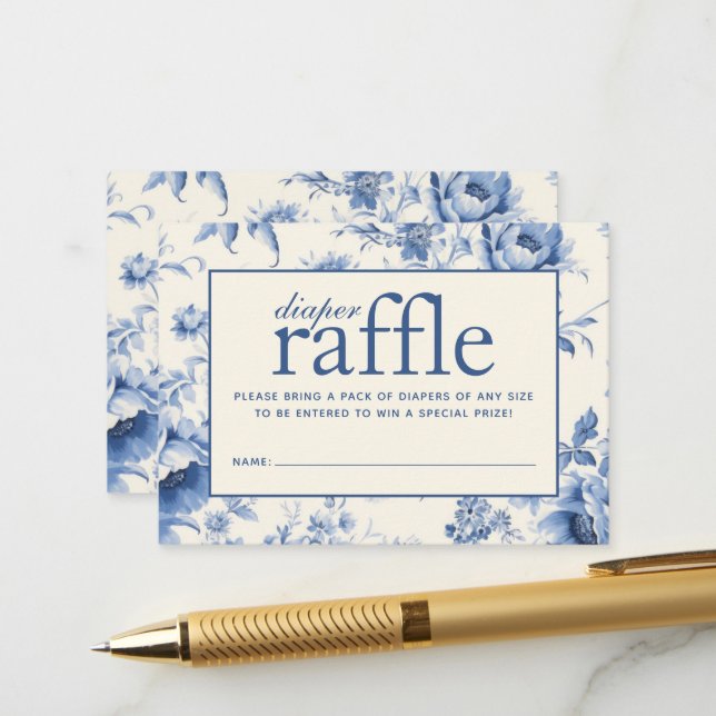 Something Blue Floral French Toile Diaper Raffle Enclosure Card (Front/Back In Situ)