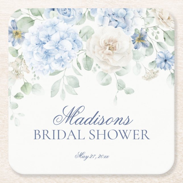Something Blue Floral Hydrangea Bridal Shower Square Paper Coaster (Front)