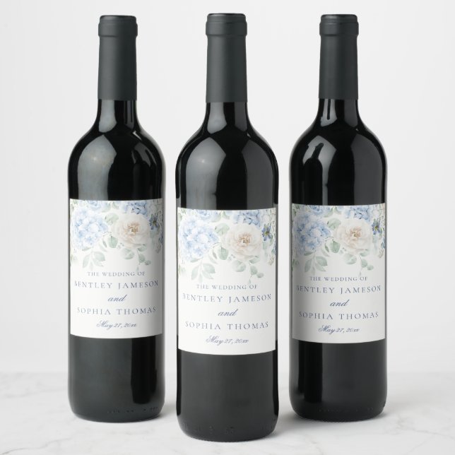 Something Blue Floral Hydrangeas Wedding Wine Label (Bottles)