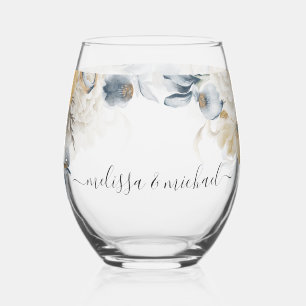 SOMETHING BLUE Floral Wedding Thank you Stemless Wine Glass