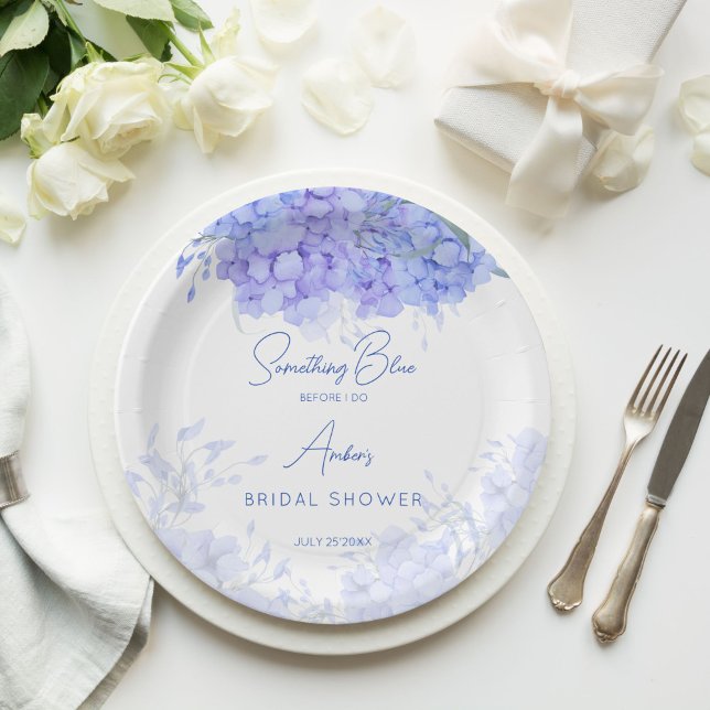 Something blue hydrangea bridal shower printed paper plate (Something blue hydrangea bridal shower monogram printed paper plates personalized table decor)