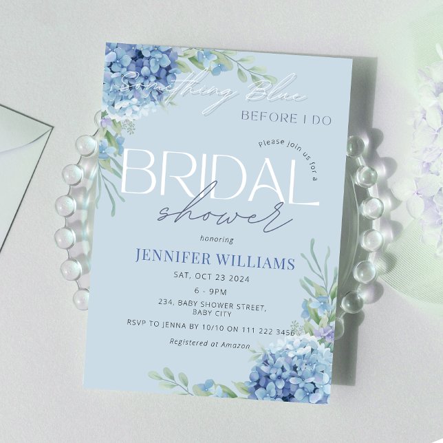 Something Blue Hydrangea Floral Bridal Shower  Invitation (Something Blue Floral Hydrangea Romantic Elegant Bridal Shower Invitation)