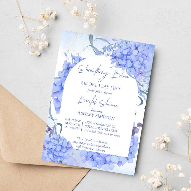 Something blue hydrangeas elegant bridal shower invitation (Something blue hydrangeas bridal shower invitation template, elegant modern casual script)