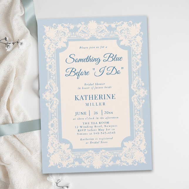 Something Blue Lace Modern Classic Bridal Shower Invitation (something blue bridal shower ideas modern classic invitation lace frame elegant brunch tea template)