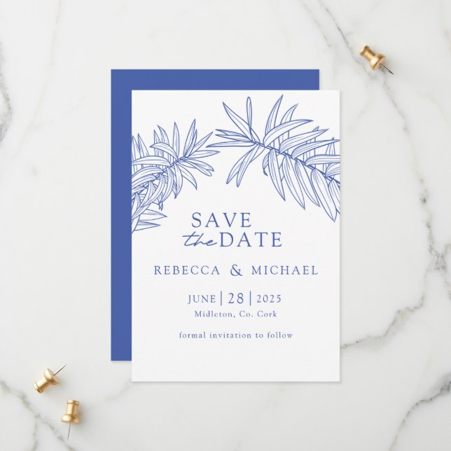 Something Blue Minimalist Botanical  Save The Date (Front/Back In Situ)