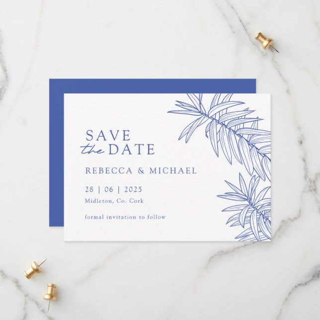 Something Blue Minimalist Botanical  Save The Date (Front/Back In Situ)
