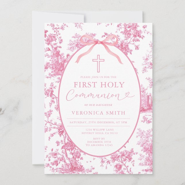 Something Pink Vintage Toile First Holy Communion Invitation (Front)