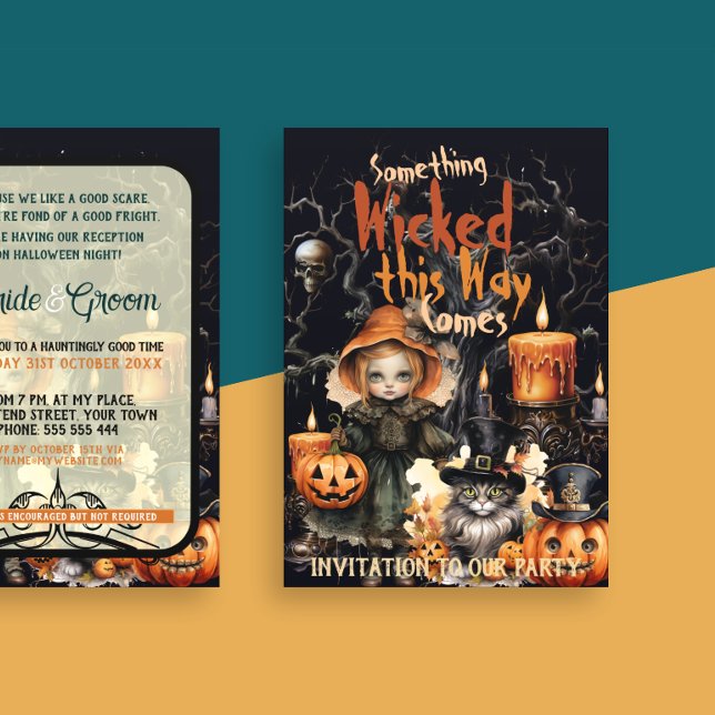 Something Wicked Pumpkin Girl Goth Skull Candles Invitation (Gothic Halloween Wedding Party. Orange and Black color themes. Dark beauty. Emo vibes)