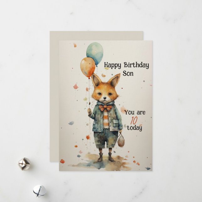Son 10th Birthday Abstract Fox Holiday Card (Front/Back In Situ)