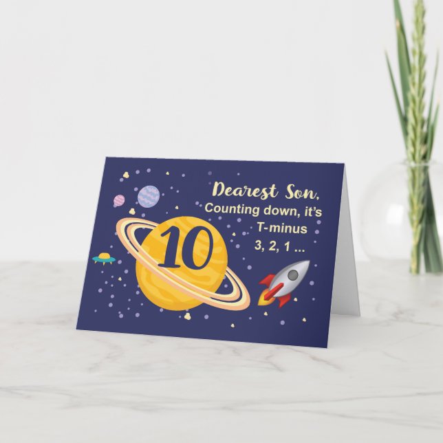 Son 10th Birthday Planets in Outer Space w/ Rocket Card (Front)