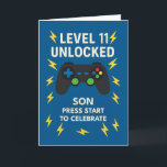 Son 11th Birthday Game Controller Age 11 Unlocked Card<br><div class="desc">Game on—your son just hit Level 11! This high-energy birthday card features a colourful game controller on a bold blue backdrop with lightning bolts that match his growing spark. “Level 11 Unlocked” leads the way, while the heartfelt inside message cheers him on with pride and playful encouragement. A perfect pick...</div>