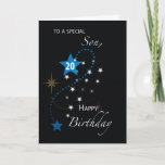 Son 20th Birthday Star Inspirational Blue & Black Card<br><div class="desc">Bring an inspiring surprise for your son in celebration of his 20th birthday by giving this inspirational card to greet him. The black front and blue and white stars make for a sparkling birthday greeting.</div>