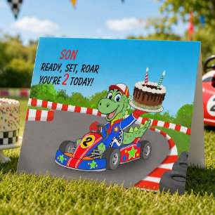 Son 2nd Birthday Dinosaur Race Car Ready Set  Card