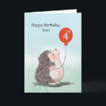 Son 4th Birthday Cute Hedgehog with Balloon Card<br><div class="desc">An adorable hedgehog is holding a red balloon with the number four on it. This card will be perfect to git your special son once he turns 4 years old very soon. So, what are you waiting for? Get your copy of this card today.</div>