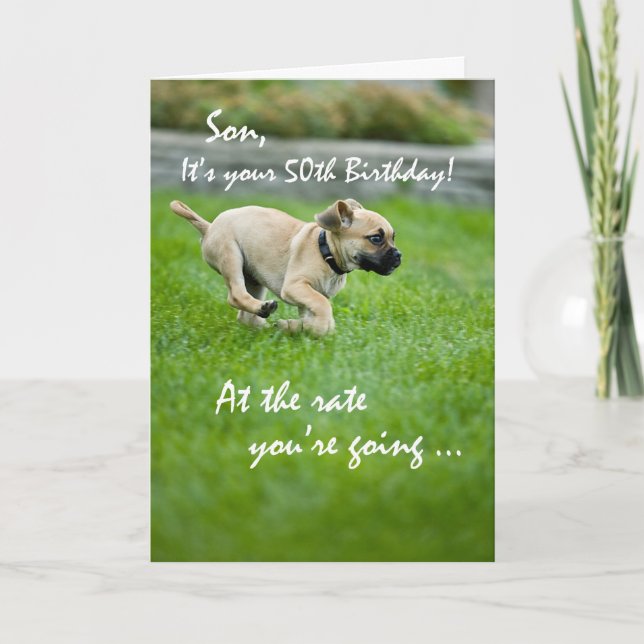 Son, 50th Birthday Puppy Running Card (Front)