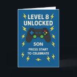 Son 8th Birthday Game Controller Age 8 Unlocked Card<br><div class="desc">A bold and playful birthday design for your 8-year-old son who loves gaming! Featuring a classic black game controller surrounded by yellow lightning bolts on a vibrant blue background, this card shouts “Level 8 Unlocked” in big, bold white text. Perfect for kids who are levelling up in life and in...</div>