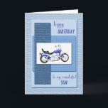 Son, a birthday card with a motor bike<br><div class="desc">A blue motor cycle on an abstract blue background. The front says "Happy Birthday to my wonderful son". A great card for a son who is a bike enthusiast.
A birthday card for a son.</div>