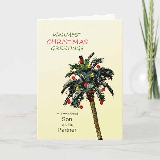 Son and his Partner Christmas Greetings Palm Tree Holiday Card (Front)