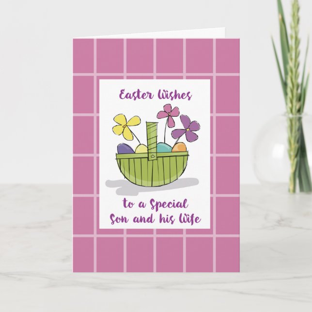 Son and Wife Easter Wishes Basket with Coloured Eg Card (Front)