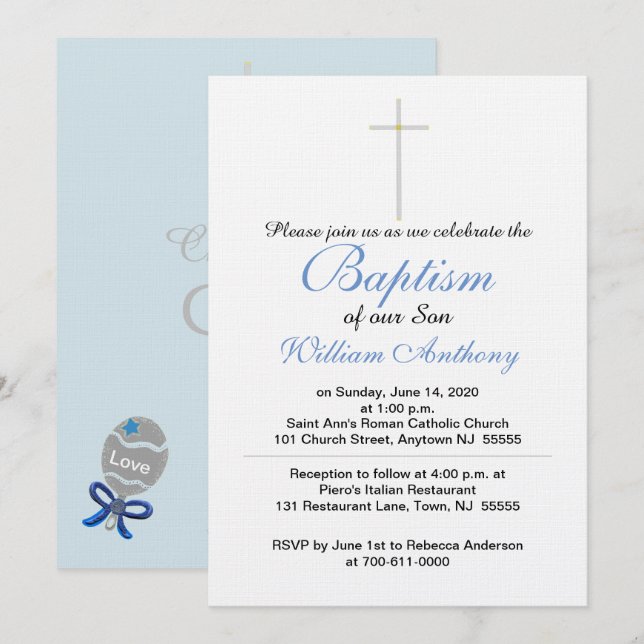 Son Baptism Cross Blue Grey  Invitation (Front/Back)