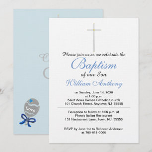 Son Baptism Cross Blue Grey Invitation