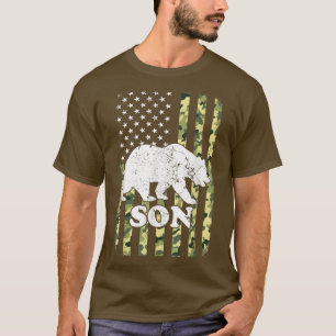 Son Bear Camping Hiking Camouflage USA American Fl T-Shirt