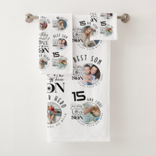 Son Birthday 8 Photo Collage Typography  Bath Towel Set
