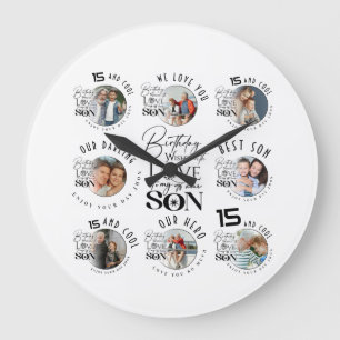 Son Birthday 8 Photo Collage Typography Large Clock