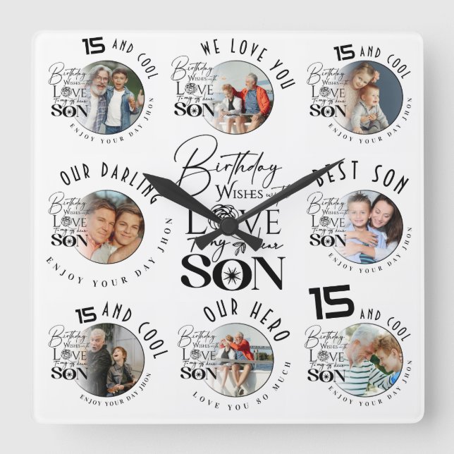 Son Birthday 8 Photo Collage Typography  Square Wall Clock (Front)