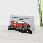 Son Birthday Age 4 Red Sports Car Card<br><div class="desc">This red sportscar is zooming in with a funny birthday greeting for your son who is ready to celebrate his 4th birthday soon. Tp make this card more exciting,  we have allowed a customization option on the front so you can put his name on it.</div>