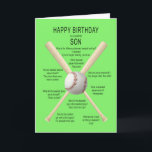 Son, birthday baseball jokes card<br><div class="desc">For a son,  a funny birthday card. A fun card showing a baseball and bats with lots of really bad baseball jokes. A card for the sportsman with a sense of humor. See the whole range of ages and relationships in my store.</div>