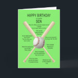 Son, birthday baseball jokes card<br><div class="desc">For a son,  a funny birthday card. A fun card showing a baseball and bats with lots of really bad baseball jokes. A card for the sportsman with a sense of humor. See the whole range of ages and relationships in my store.</div>