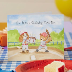Son Birthday Baseball Teddy Bear and Cavalier King Card