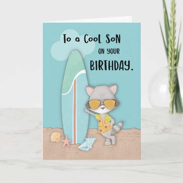 Son Birthday Beach Cool Raccoon in Sunglasses Card (Front)