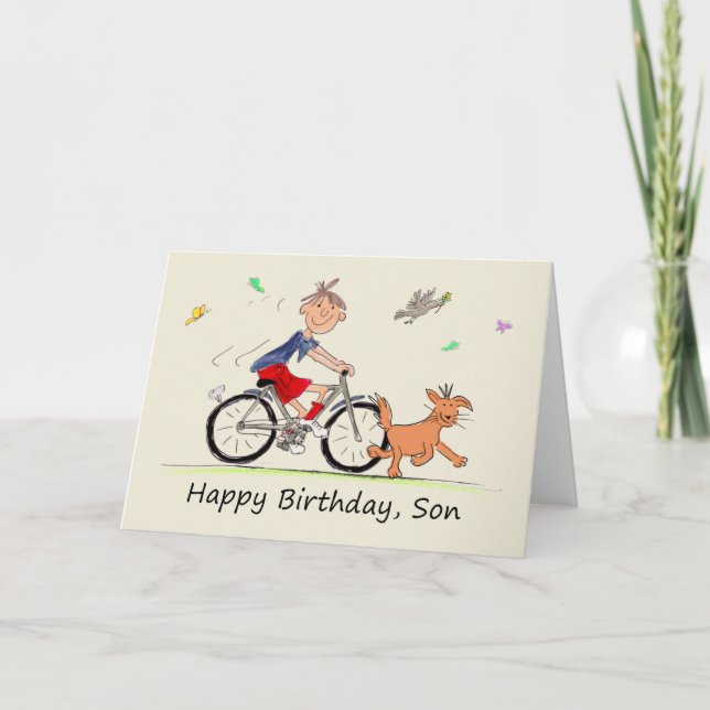 Son Birthday Cartoon of a Boy Riding Bike Card (Front)