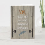 Son Birthday, Fishing for Compliments Card<br><div class="desc">Birthday card for any son who loves to fish. Front features rod and reel silhouettes along with a jumping fish on a wood grain background with a distressed effect. Clever fishing puns on front and inside are sure to bring a smile.</div>
