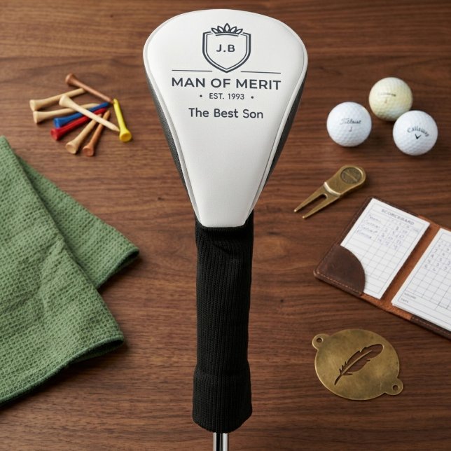 Son Birthday Monogram Initials Name Man Of Merit Golf Head Cover (Golf club cover on table with golf accessories.)
