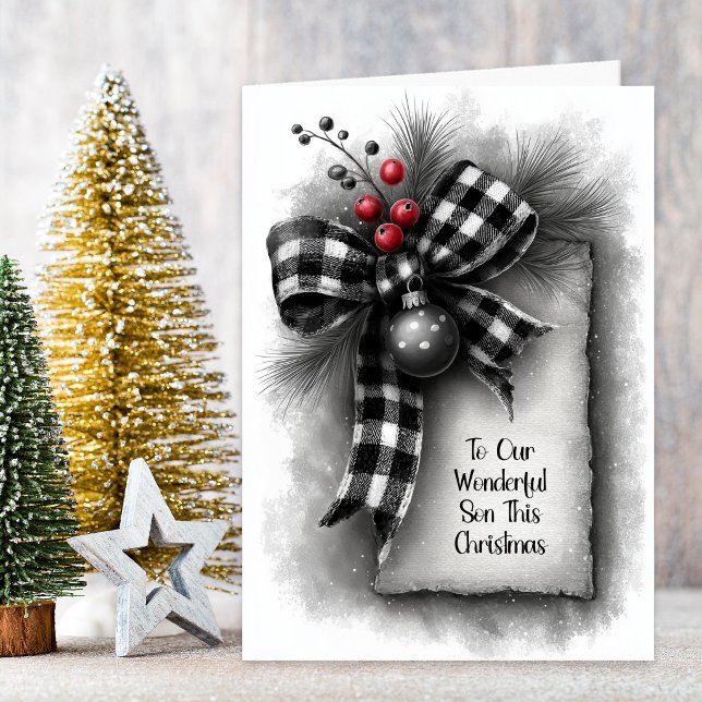 Son Buffalo Plaid Bow Christmas Holiday Card (Creator Uploaded)