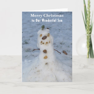 Son Christmas Card Snowman Pine Cone Nose