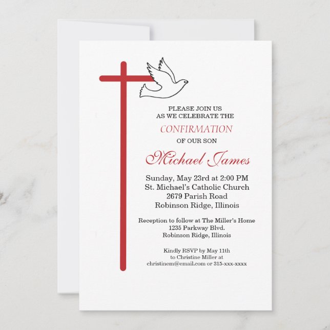 Son Confirmation Cross Dove on White Invitation (Front)