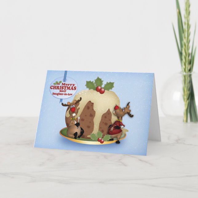 Son & Daughter-in-Law Christmas Pudding & Reindeer Holiday Card (Front)
